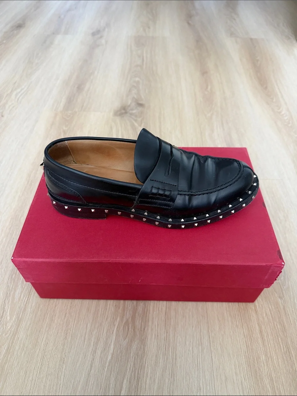 Valentino Black Rockstud Leather Penny Loafers Womens 38 - Picture 2 of 11